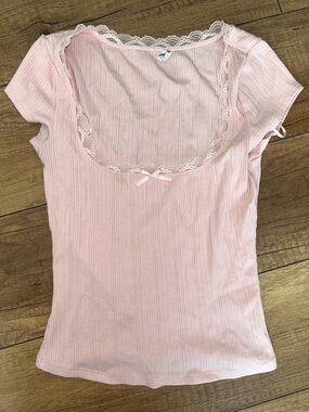 Garage Light Pink Ribbed Lace-Trim Tank
